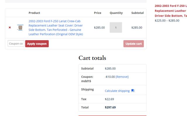 Richmond Auto Upholstery checkout page showing Richmond Auto Upholstery coupon code box | Screenshot taken by SimplyCodes community member on May 6, 2025