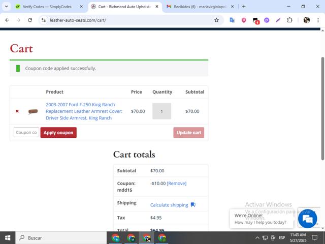 Richmond Auto Upholstery checkout page showing Richmond Auto Upholstery coupon code box | Screenshot taken by SimplyCodes community member on May 27, 2025