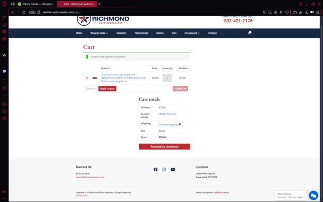 Richmond Auto Upholstery checkout page showing Richmond Auto Upholstery coupon code box | Screenshot taken by SimplyCodes community member on May 27, 2025