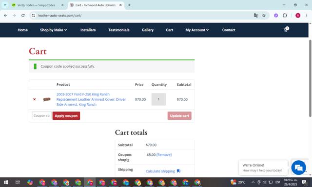 Richmond Auto Upholstery checkout page showing Richmond Auto Upholstery coupon code box | Screenshot taken by SimplyCodes community member on Apr 29, 2025