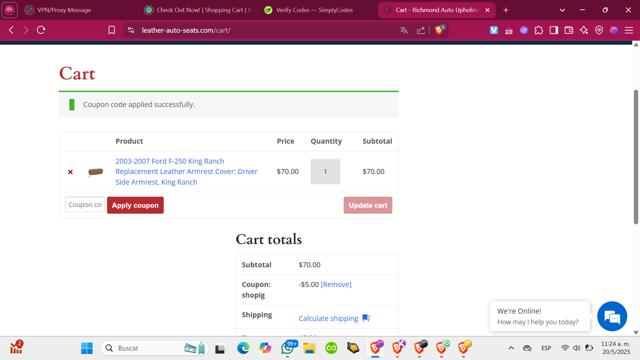 Richmond Auto Upholstery checkout page showing Richmond Auto Upholstery coupon code box | Screenshot taken by SimplyCodes community member on May 20, 2025
