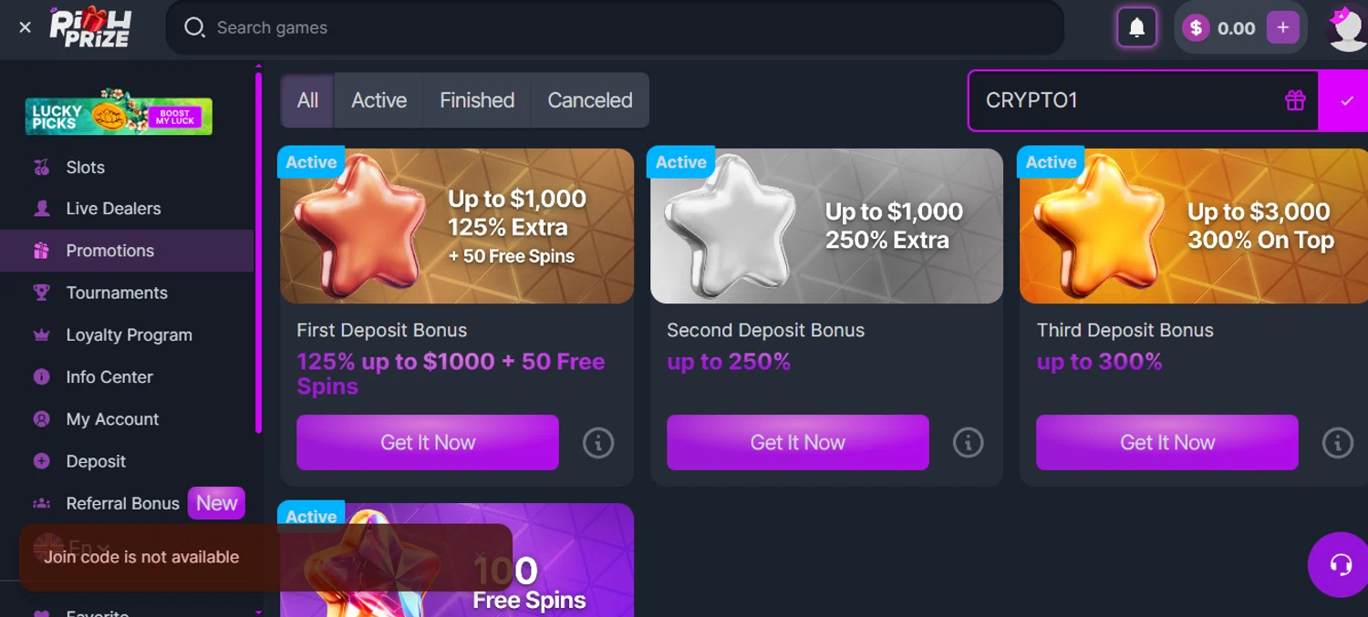 RichPrize promo code screenshot showing code CRYPTO1 applied at RichPrize checkout page. Uploaded by SimplyCodes community member SimplyCVerlie on May 6, 2025