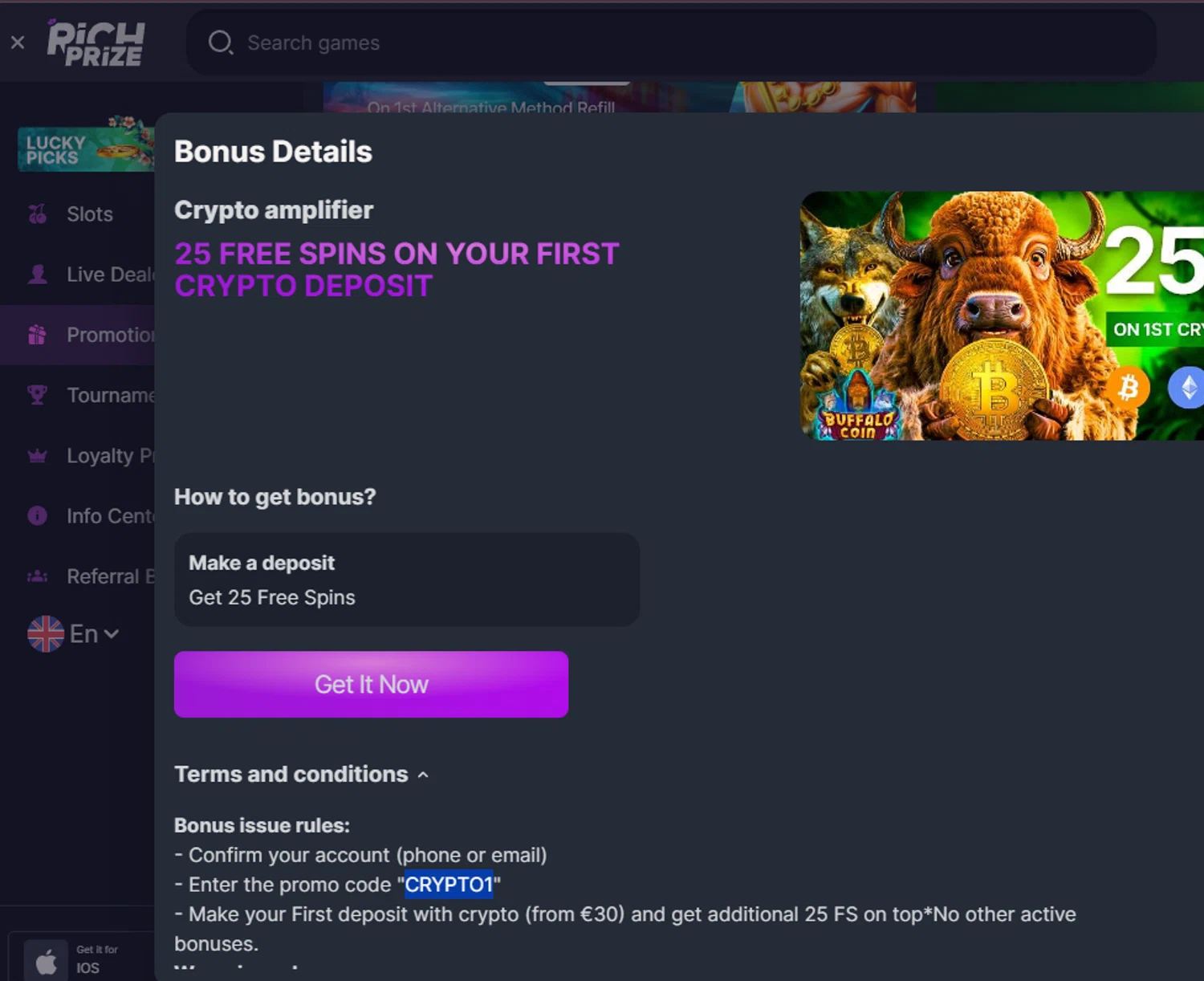 RichPrize promo code screenshot showing code CRYPTO1 applied at RichPrize checkout page. Uploaded by SimplyCodes community member Dejadepicharme on May 6, 2025