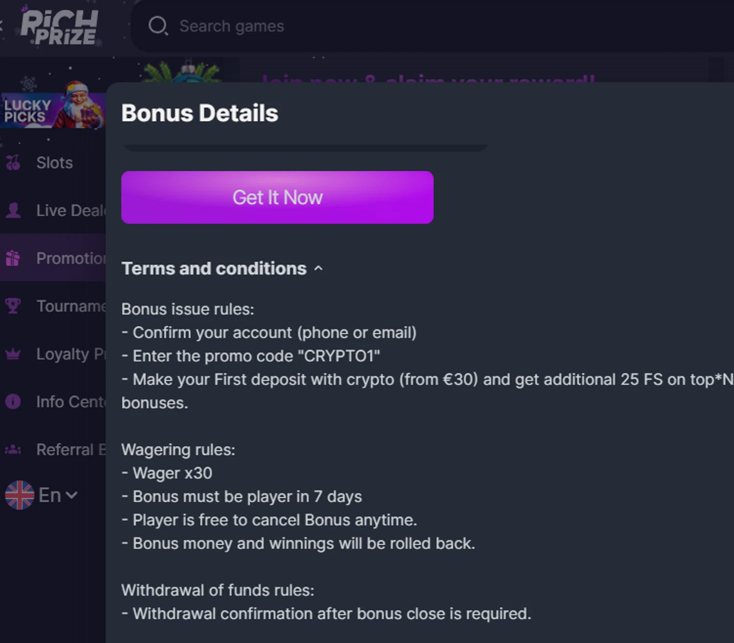 RichPrize promo code screenshot showing code CRYPTO1 applied at RichPrize checkout page. Uploaded by SimplyCodes community member Dejadepicharme on Jan 1, 2026