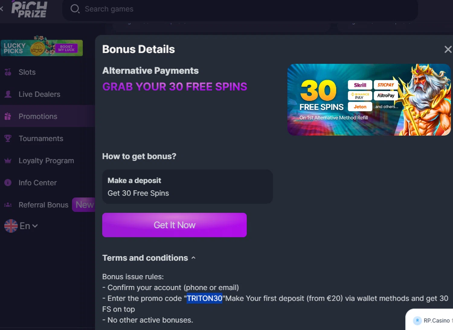 RichPrize promo code screenshot showing code TRITON30 applied at RichPrize checkout page. Uploaded by SimplyCodes community member Dejadepicharme on Dec 1, 2025