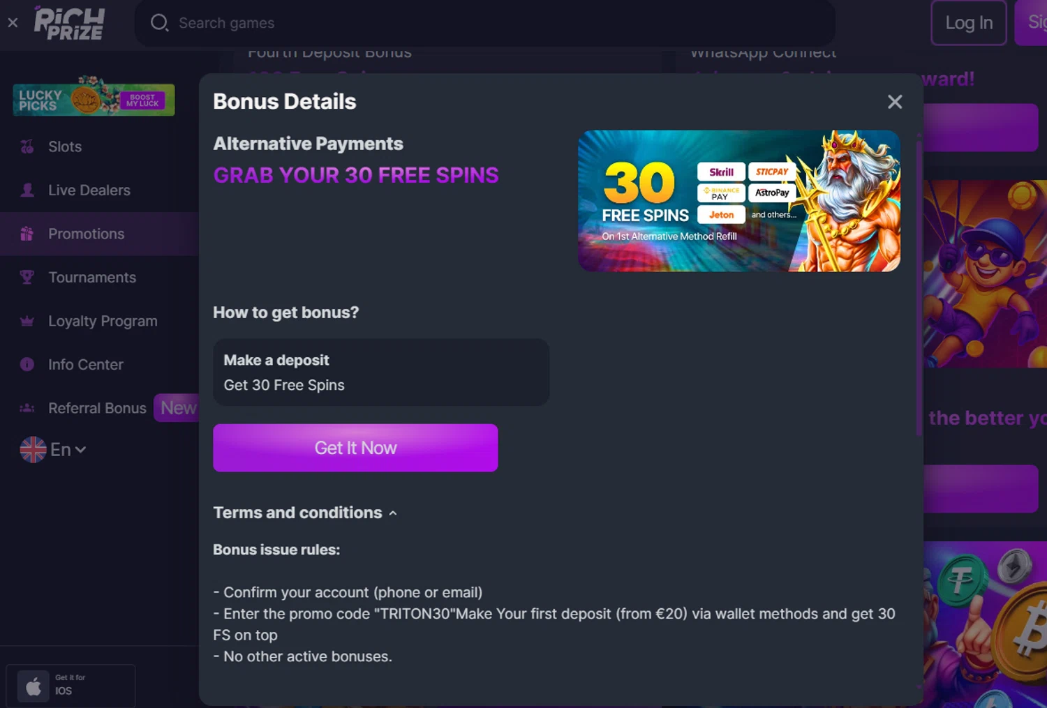 RichPrize promo code screenshot showing code TRITON30 applied at RichPrize checkout page. Uploaded by SimplyCodes community member Dejadepicharme on Aug 17, 2025