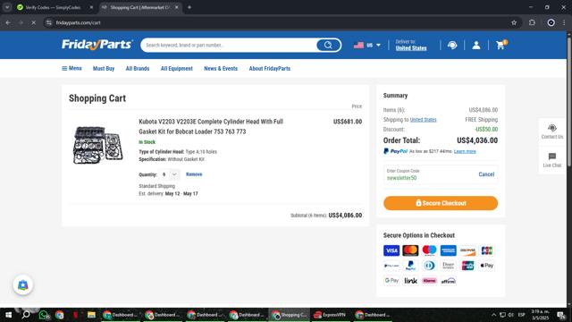 FridayParts Automotive checkout page showing FridayParts Automotive promo code box | Screenshot taken by SimplyCodes community member on May 3, 2025