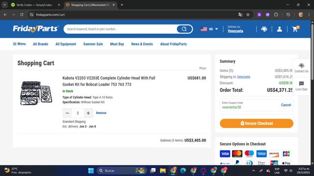 FridayParts Automotive checkout page showing FridayParts Automotive promo code box | Screenshot taken by SimplyCodes community member on May 29, 2025