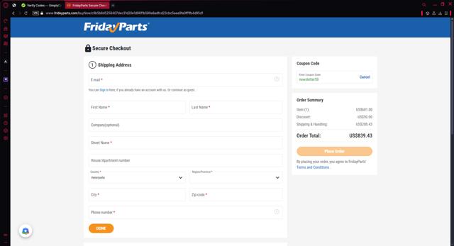 FridayParts Automotive checkout page showing FridayParts Automotive promo code box | Screenshot taken by SimplyCodes community member on Apr 22, 2025