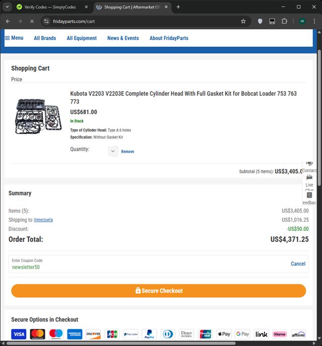 FridayParts Automotive checkout page showing FridayParts Automotive promo code box | Screenshot taken by SimplyCodes community member on Apr 3, 2025
