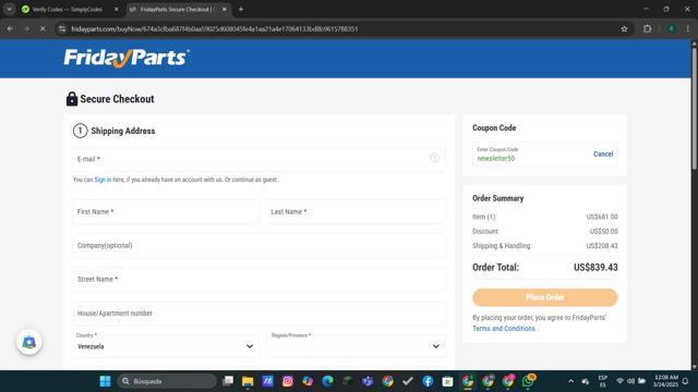 FridayParts Automotive checkout page showing FridayParts Automotive promo code box | Screenshot taken by SimplyCodes community member on Mar 24, 2025