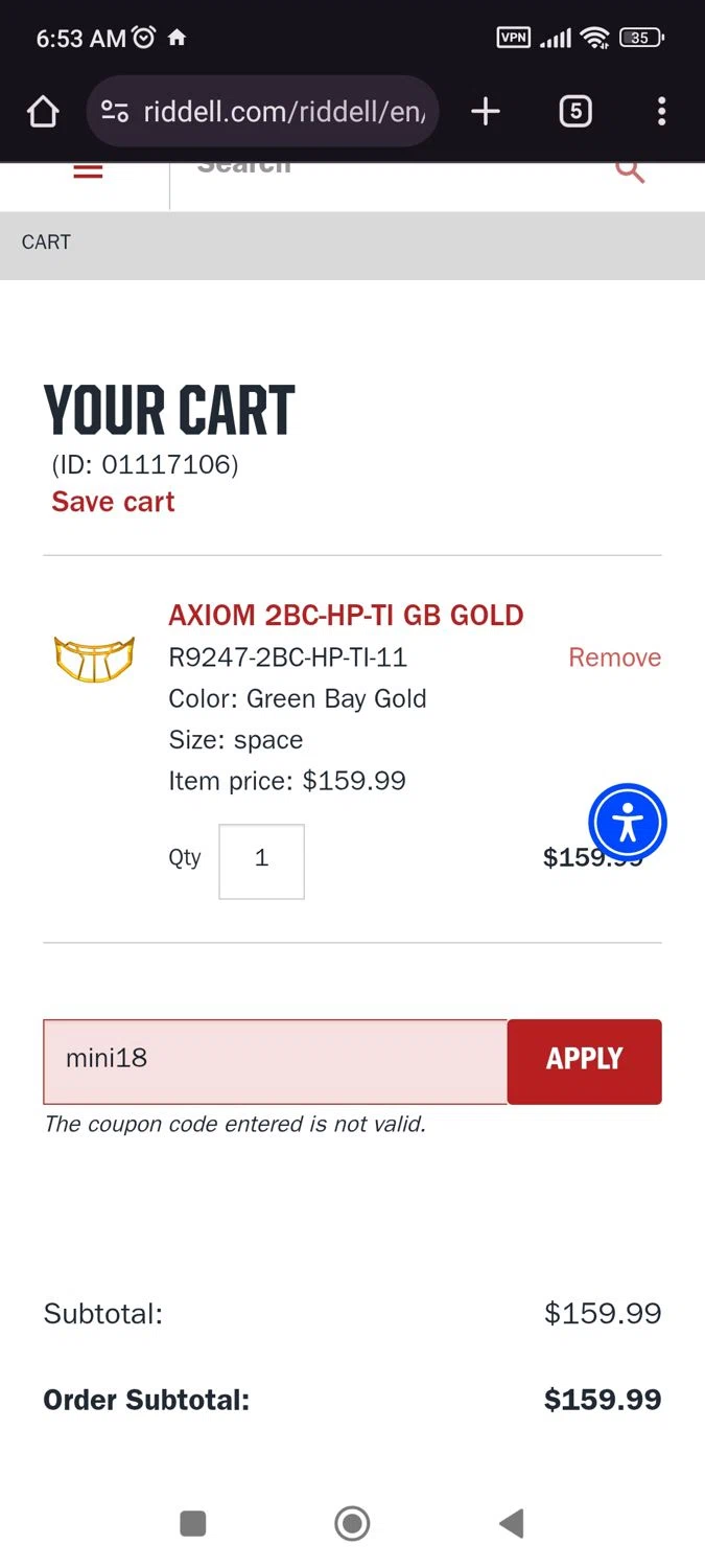Riddell Sports promo code screenshot showing code mini18 applied at Riddell Sports checkout page. Uploaded by SimplyCodes community member JulesCrnel on Apr 1, 2025