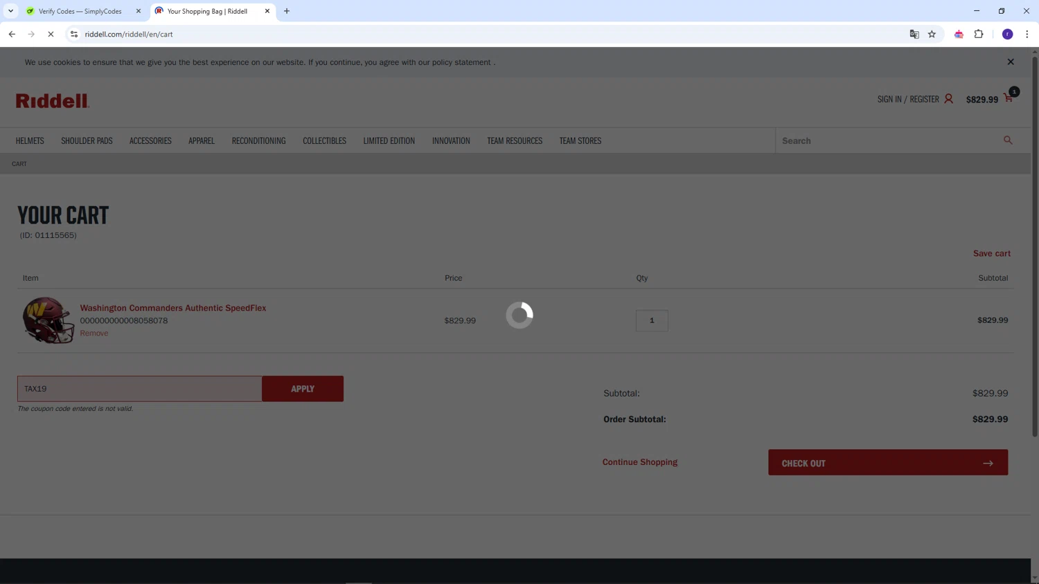 Riddell Sports promo code screenshot showing code TAX19 applied at Riddell Sports checkout page. Uploaded by SimplyCodes community member AberthGotopo on Apr 1, 2025