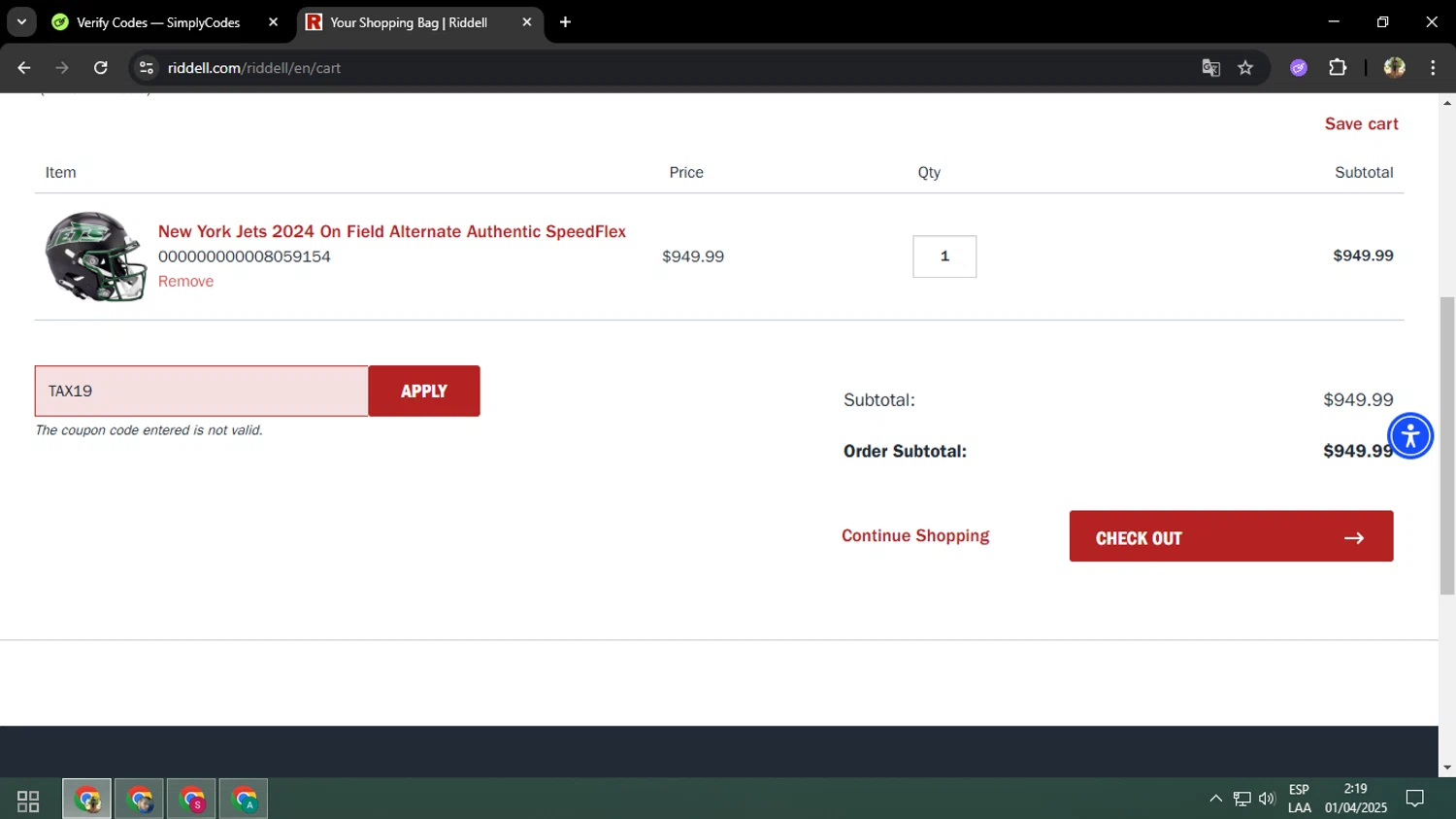 Riddell Sports promo code screenshot showing code TAX19 applied at Riddell Sports checkout page. Uploaded by SimplyCodes community member ELVERDEDESAMP on Apr 1, 2025