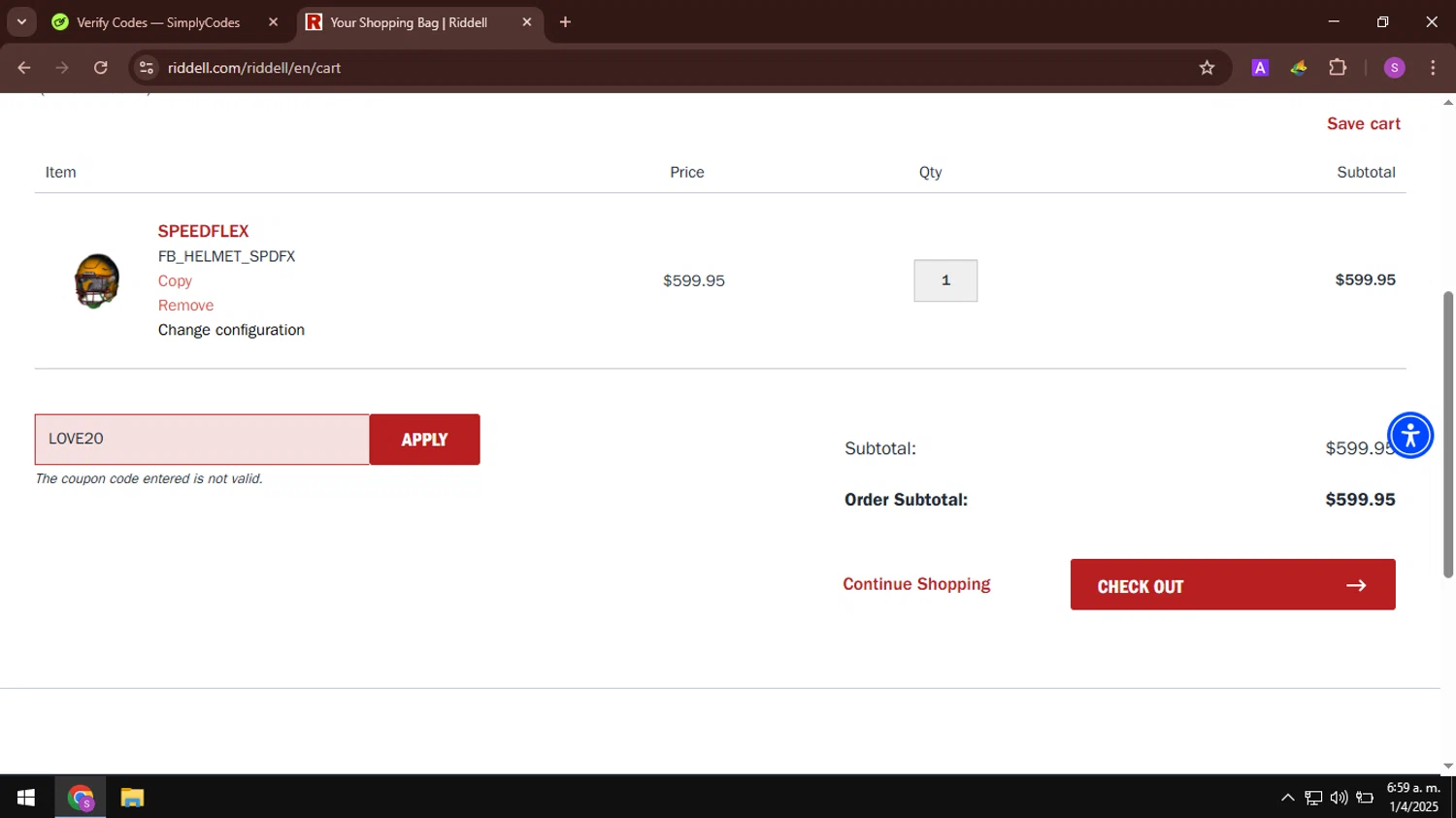 Riddell Sports promo code screenshot showing code LOVE20 applied at Riddell Sports checkout page. Uploaded by SimplyCodes community member AbusaGordas on Apr 1, 2025