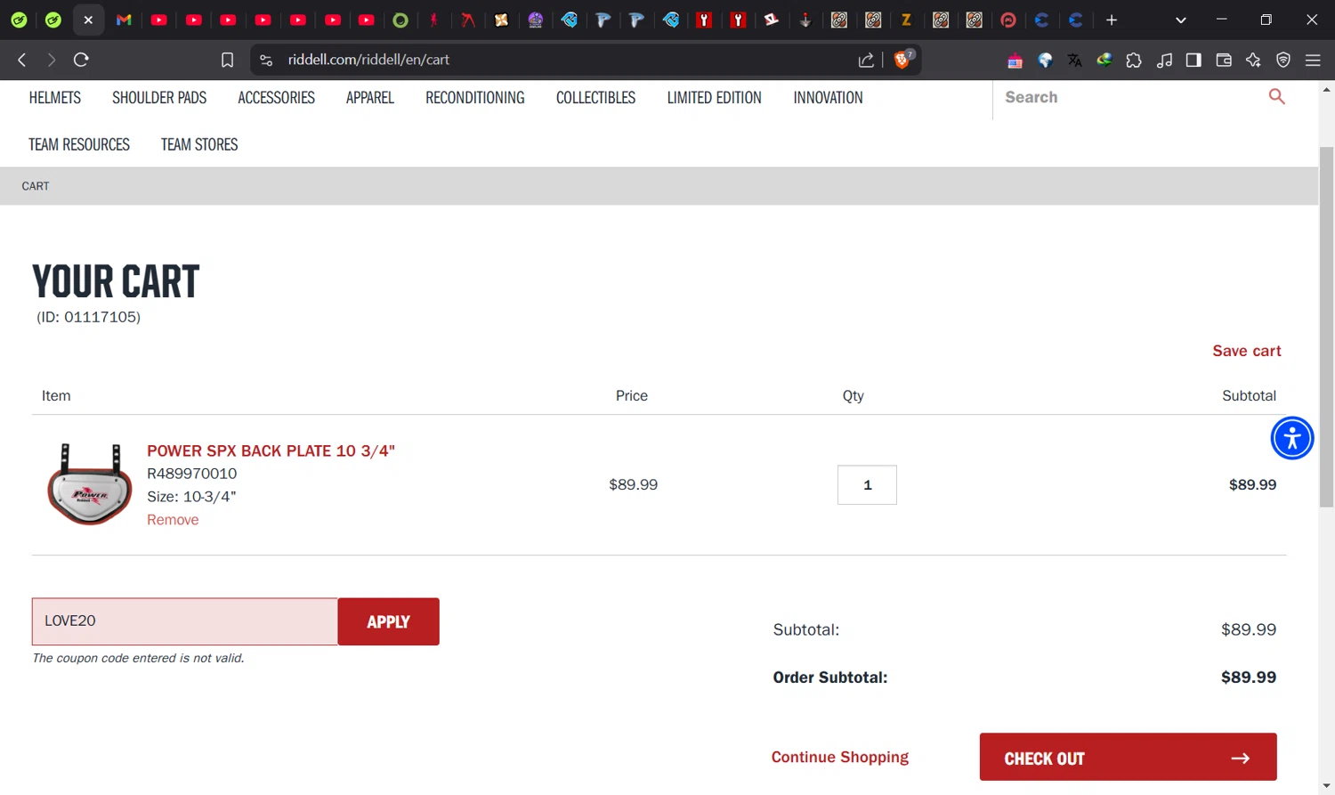 Riddell Sports promo code screenshot showing code LOVE20 applied at Riddell Sports checkout page. Uploaded by SimplyCodes community member Norman_KSD on Apr 1, 2025