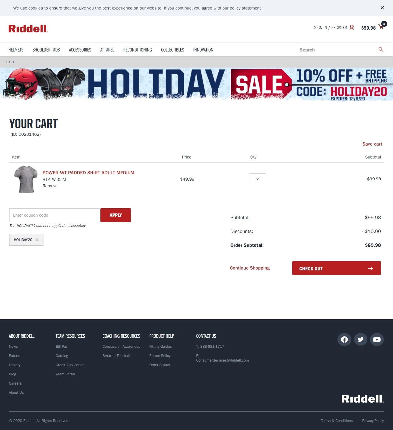 Riddell Sports checkout page showing Riddell Sports promo code box | Screenshot taken by SimplyCodes community member on Nov 25, 2020