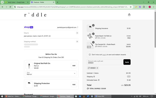 Riddle Oil checkout page showing Riddle Oil discount code box | Screenshot taken by SimplyCodes community member on Aug 3, 2025