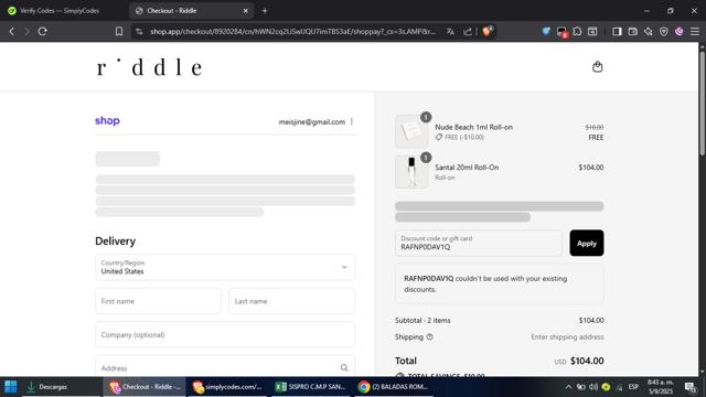 Riddle Oil checkout page showing Riddle Oil discount code box | Screenshot taken by SimplyCodes community member on Sep 5, 2025
