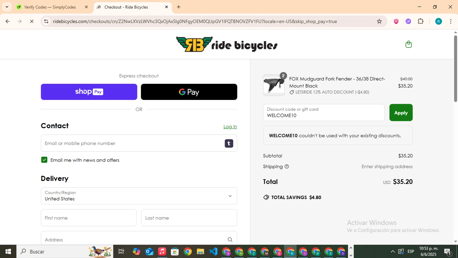 Ride Bicycles promo code screenshot showing code WELCOME10 applied at Ride Bicycles checkout page. Uploaded by SimplyCodes community member BudgetHero4407 on Jun 7, 2025