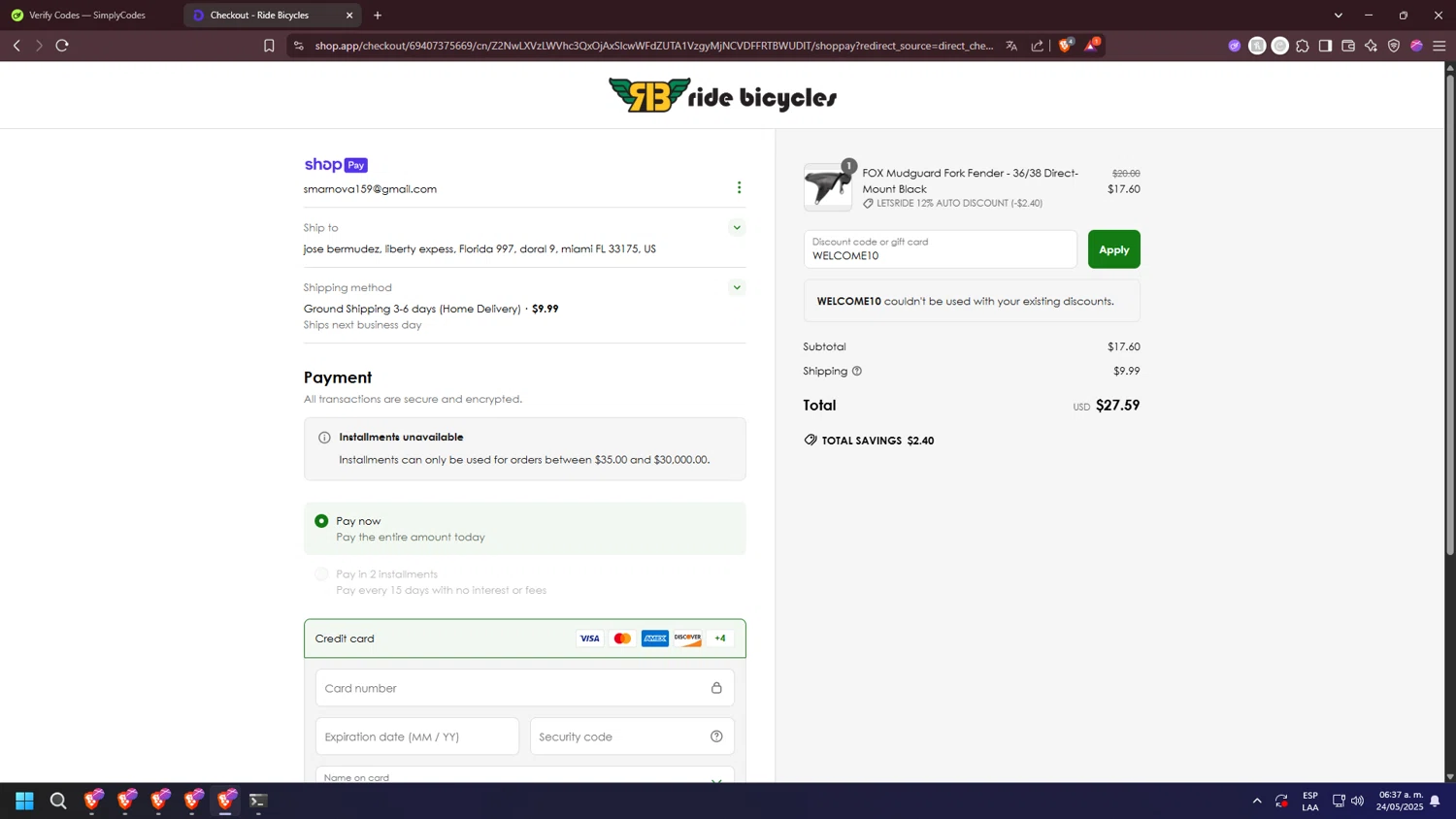 Ride Bicycles promo code screenshot showing code WELCOME10 applied at Ride Bicycles checkout page. Uploaded by SimplyCodes community member jakycham2020 on May 24, 2025