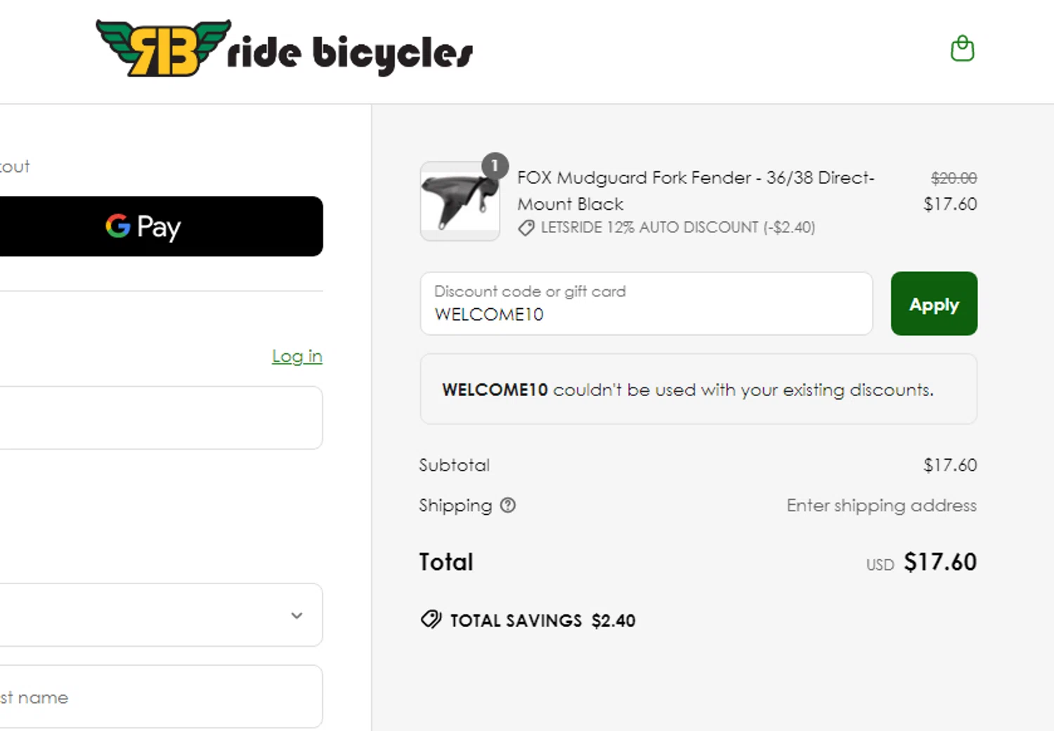 Ride Bicycles promo code screenshot showing code WELCOME10 applied at Ride Bicycles checkout page. Uploaded by SimplyCodes community member yeresojperez on Jun 7, 2025