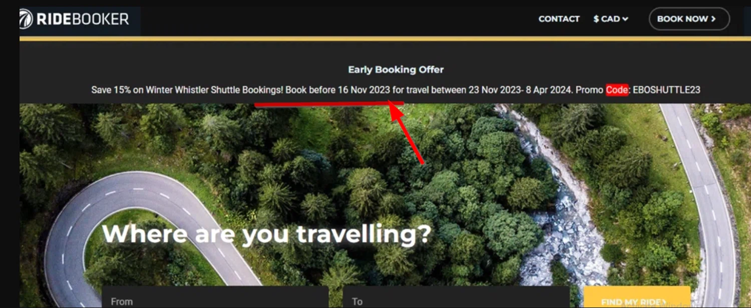 Ridebooker promo code screenshot showing code EBOSHUTTLE23 applied at Ridebooker checkout page. Uploaded by SimplyCodes community member SimplyCVerlie on Feb 26, 2025