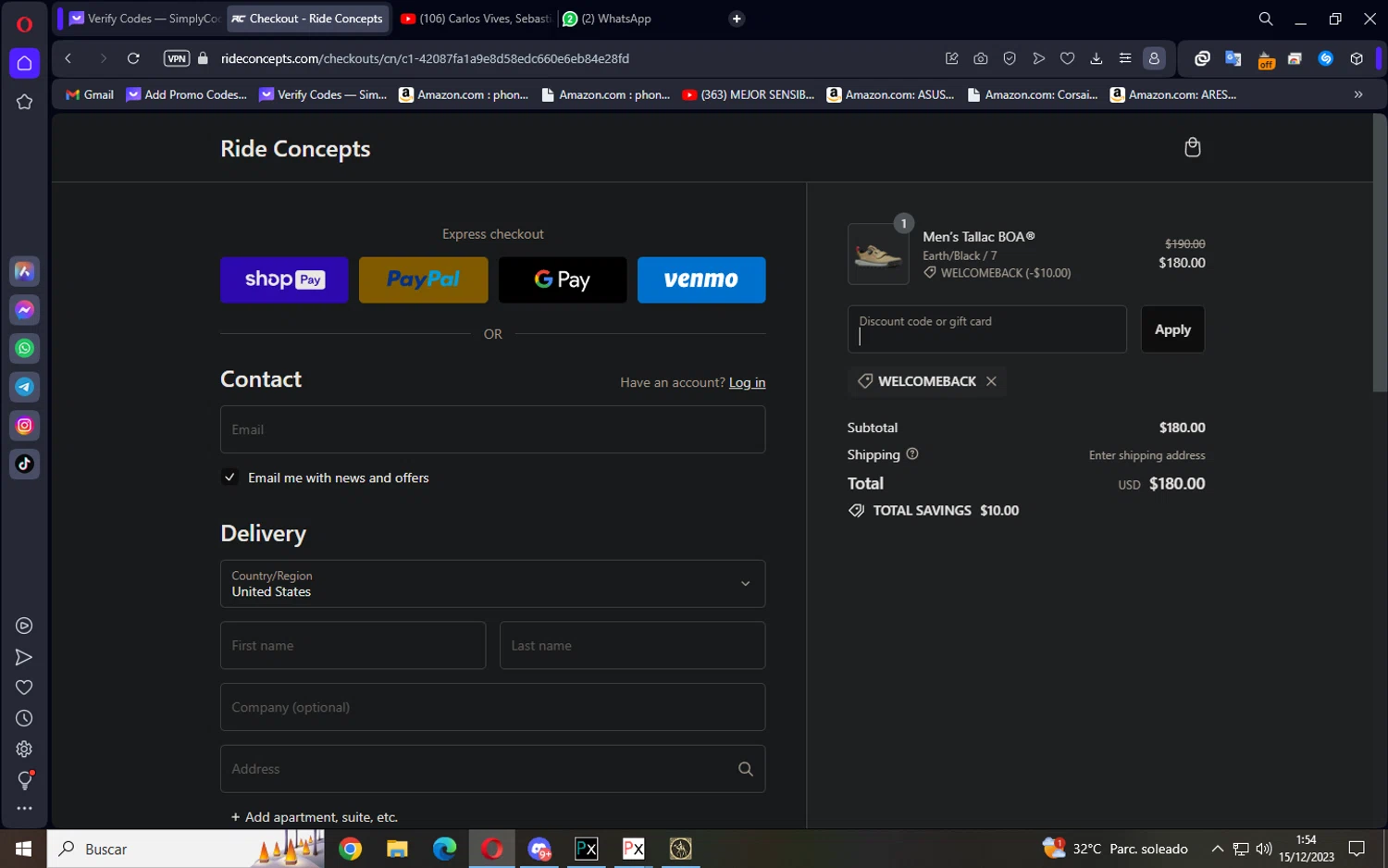 Ride Concepts checkout page showing Ride Concepts discount code box | Screenshot taken by SimplyCodes community member on Dec 15, 2023