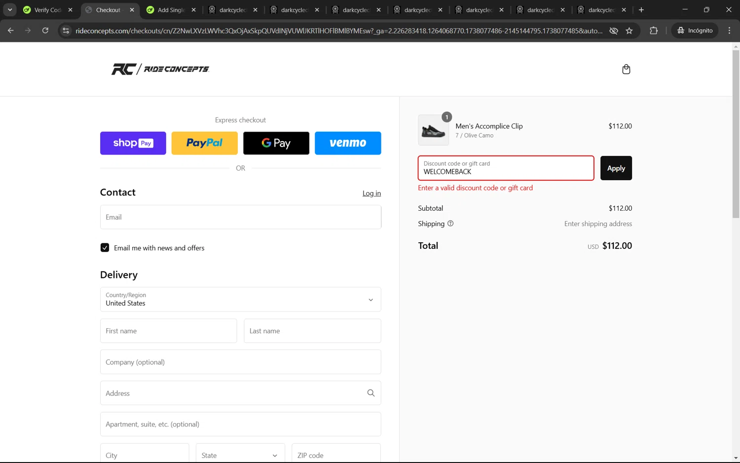 Ride Concepts discount code screenshot showing code WELCOMEBACK applied at Ride Concepts checkout page. Uploaded by SimplyCodes community member juan1702 on Jan 28, 2025