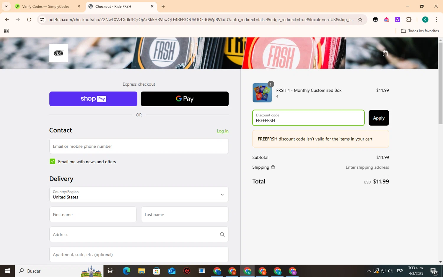 Ridefrsh promo code screenshot showing code FREEFRSH applied at Ridefrsh checkout page. Uploaded by SimplyCodes community member EpicSpotter3493 on Mar 4, 2025