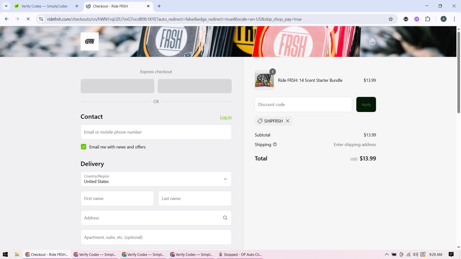 Ridefrsh promo code screenshot showing code SHIPFRSH applied at Ridefrsh checkout page. Uploaded by SimplyCodes community member BonusMonarch7015 on Aug 16, 2025