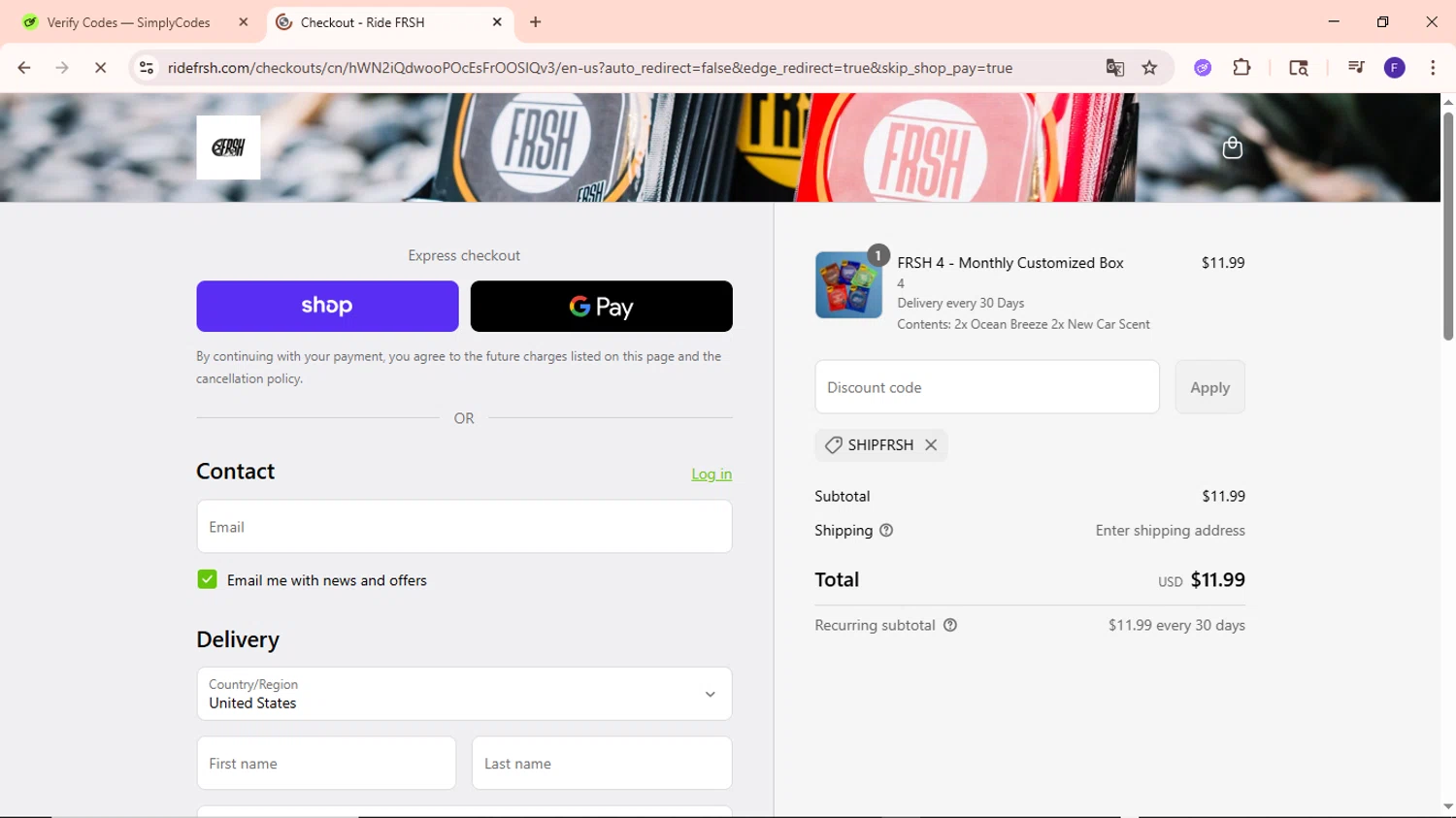 Ridefrsh promo code screenshot showing code SHIPFRSH applied at Ridefrsh checkout page. Uploaded by SimplyCodes community member MightyCaptain635 on Sep 7, 2025