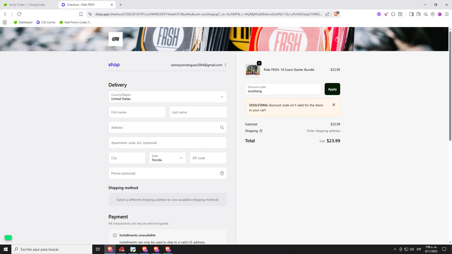 Ridefrsh promo code screenshot showing code soulstang applied at Ridefrsh checkout page. Uploaded by SimplyCodes community member Nezukooo on Nov 8, 2025