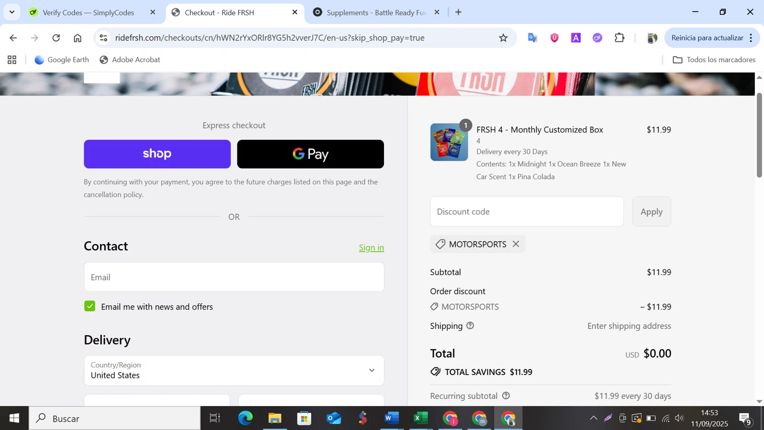 Ridefrsh promo code screenshot showing code Motorsports applied at Ridefrsh checkout page. Uploaded by SimplyCodes community member NobleMonarch5837 on Sep 11, 2025