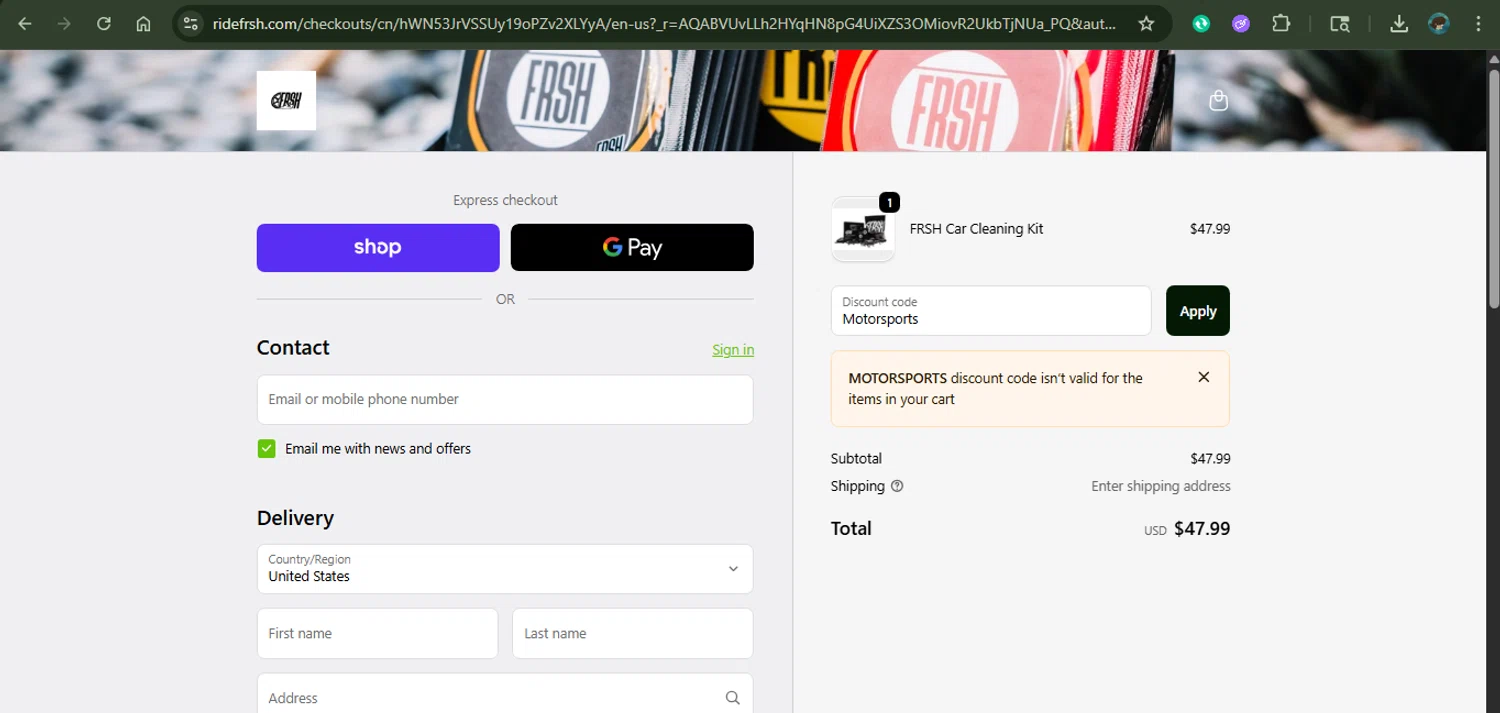 Ridefrsh promo code screenshot showing code Motorsports applied at Ridefrsh checkout page. Uploaded by SimplyCodes community member xAngel on Nov 8, 2025