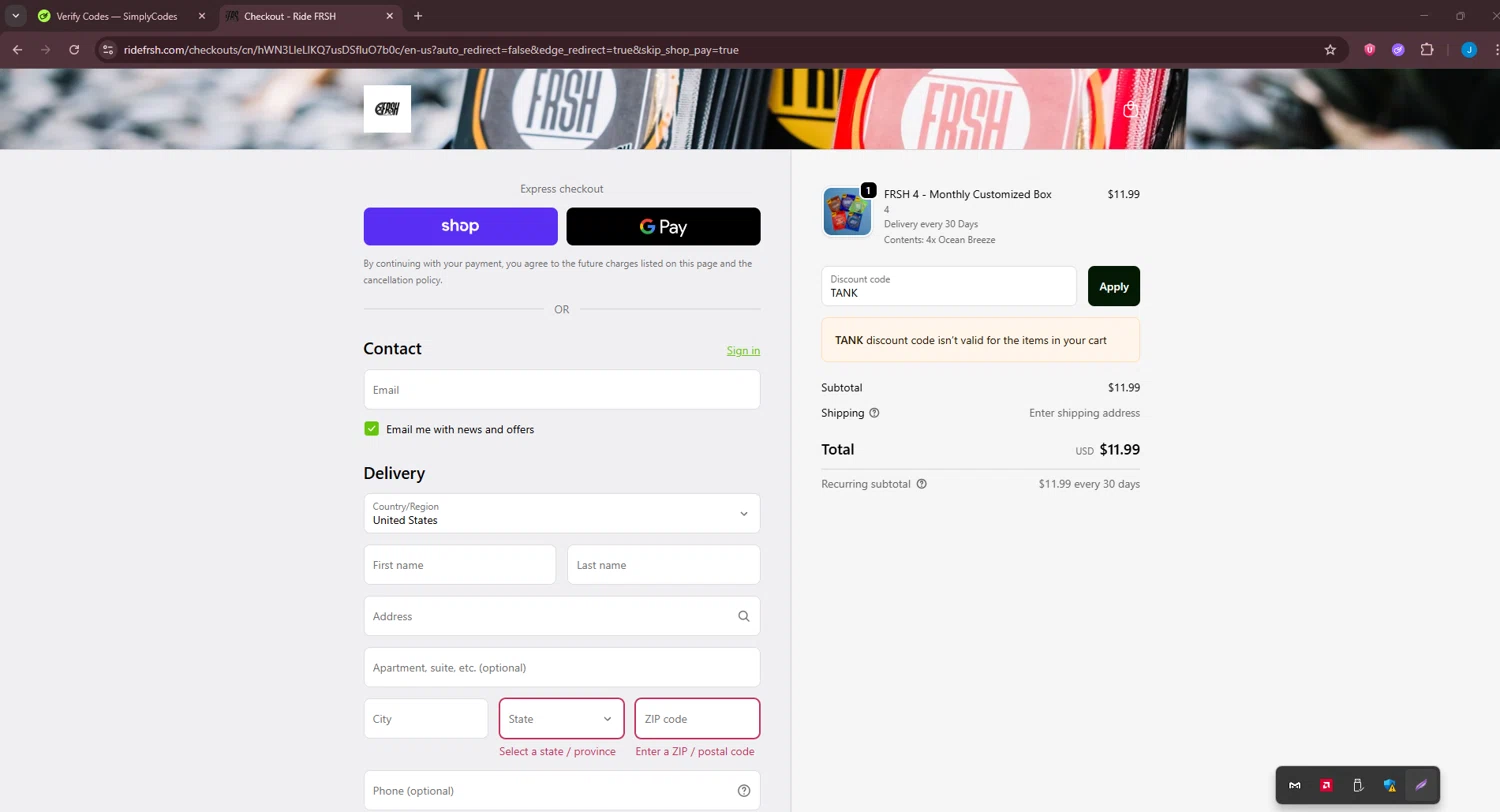 Ridefrsh promo code screenshot showing code TANK applied at Ridefrsh checkout page. Uploaded by SimplyCodes community member BargainGuardian280 on Sep 24, 2025