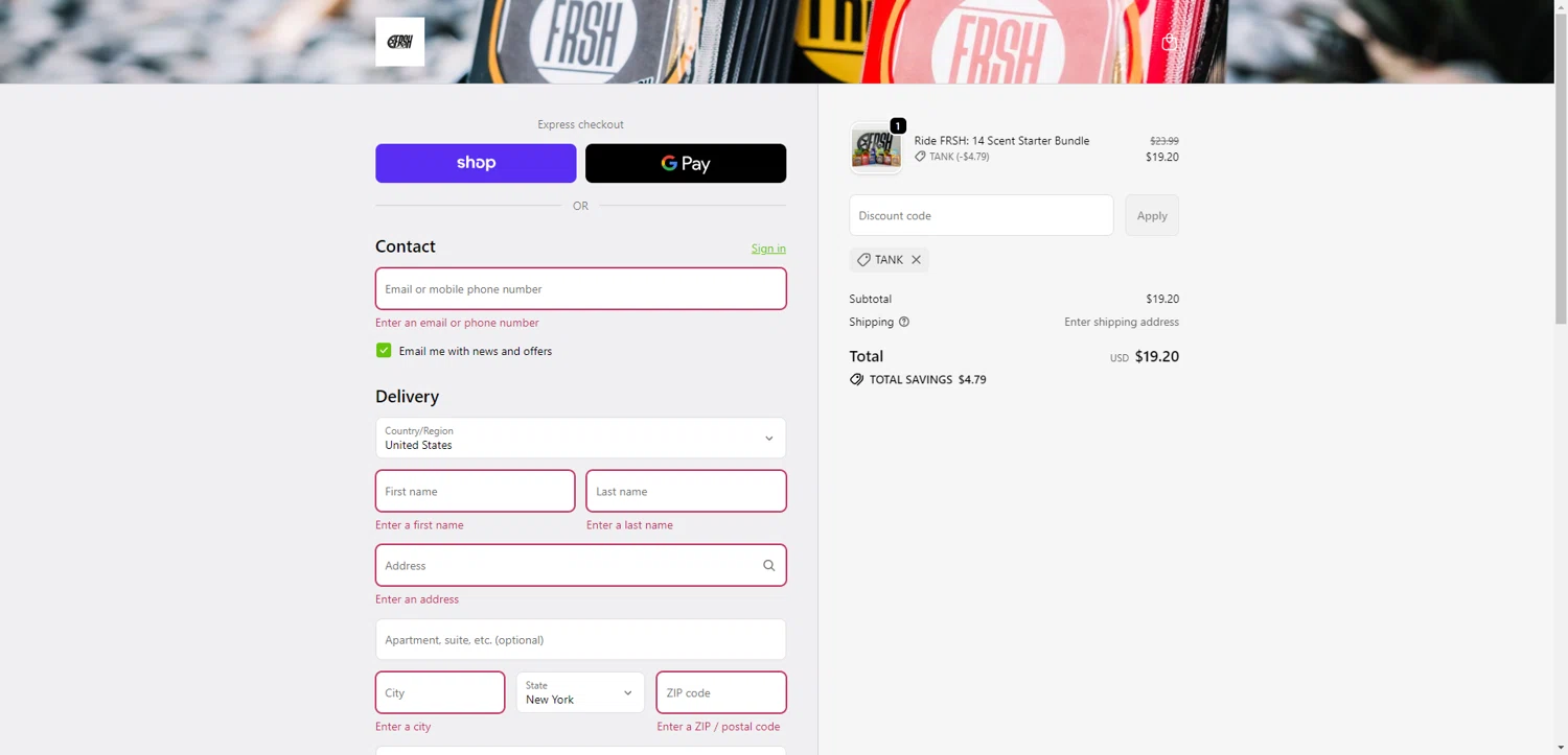 Ridefrsh promo code screenshot showing code TANK applied at Ridefrsh checkout page. Uploaded by SimplyCodes community member NobleMaestro6498 on Oct 18, 2025