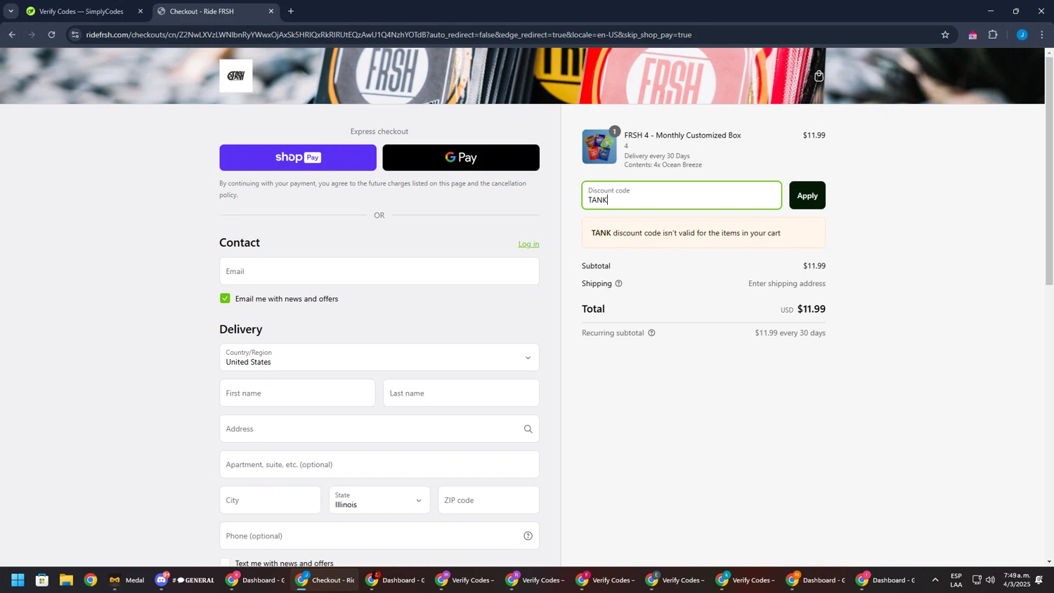 Ridefrsh promo code screenshot showing code TANK applied at Ridefrsh checkout page. Uploaded by SimplyCodes community member BargainGuardian280 on Mar 4, 2025