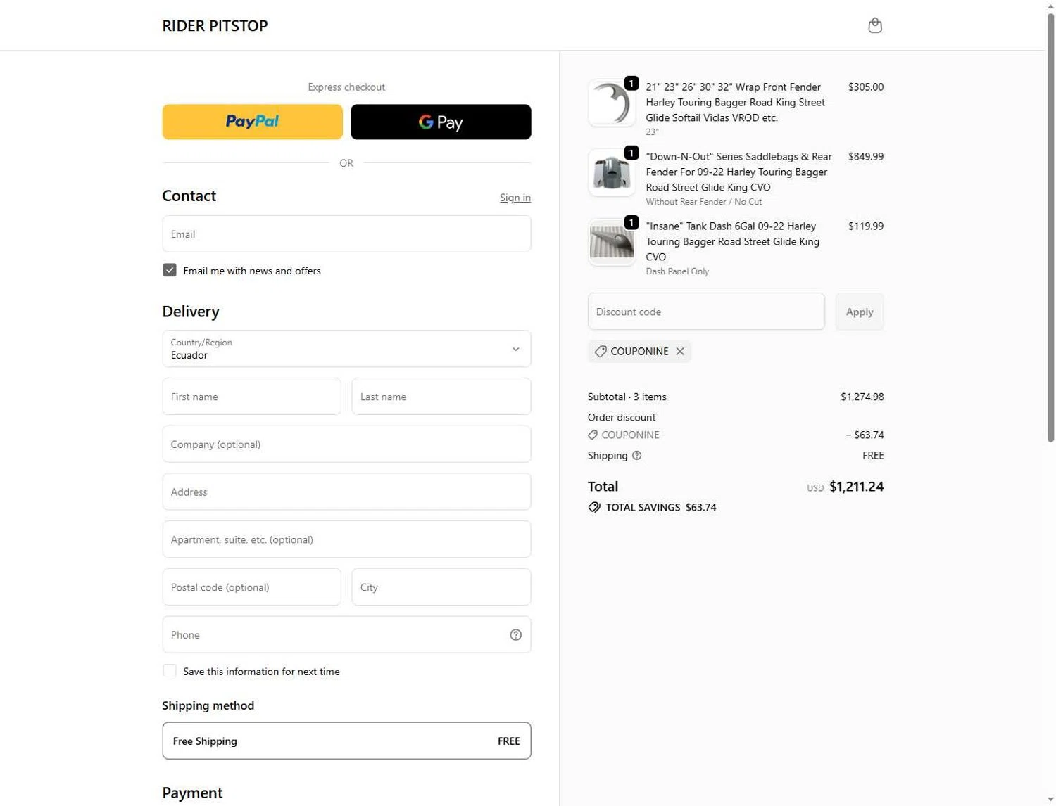 RIDER PITSTOP promo code screenshot showing code COUPONINE applied at RIDER PITSTOP checkout page. Uploaded by SimplyCodes community member Andaspendientedeunovale on May 31, 2026