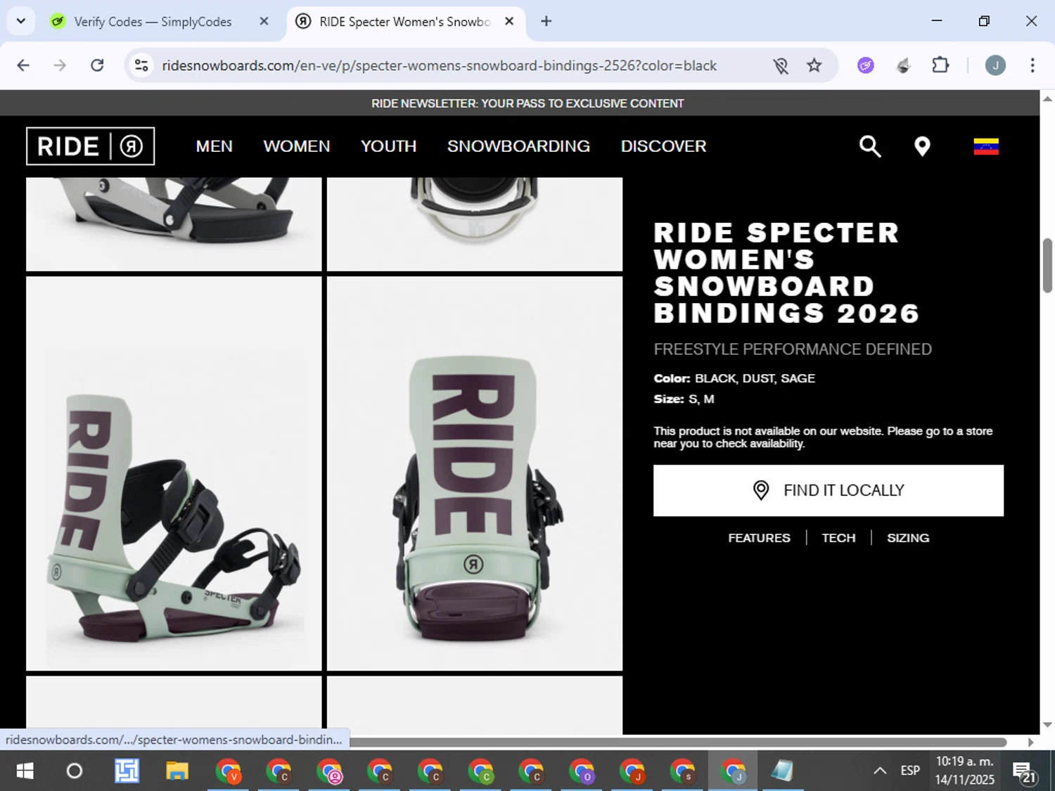 RIDE Snowboards coupon code screenshot showing code FREESHIP25 applied at RIDE Snowboards checkout page. Uploaded by SimplyCodes community member ValueTracker8384 on Nov 14, 2025