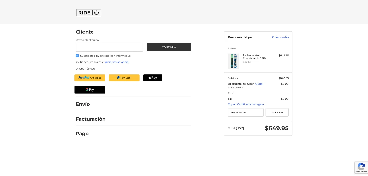 RIDE Snowboards checkout page showing RIDE Snowboards coupon code box | Screenshot taken by SimplyCodes community member on Jan 11, 2026