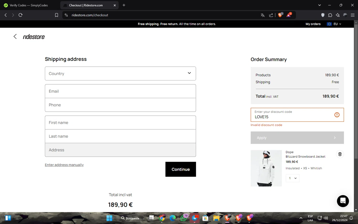 RideStore discount code screenshot showing code LOVE15 applied at RideStore checkout page. Uploaded by SimplyCodes community member JavierCastillo1301 on Dec 27, 2024