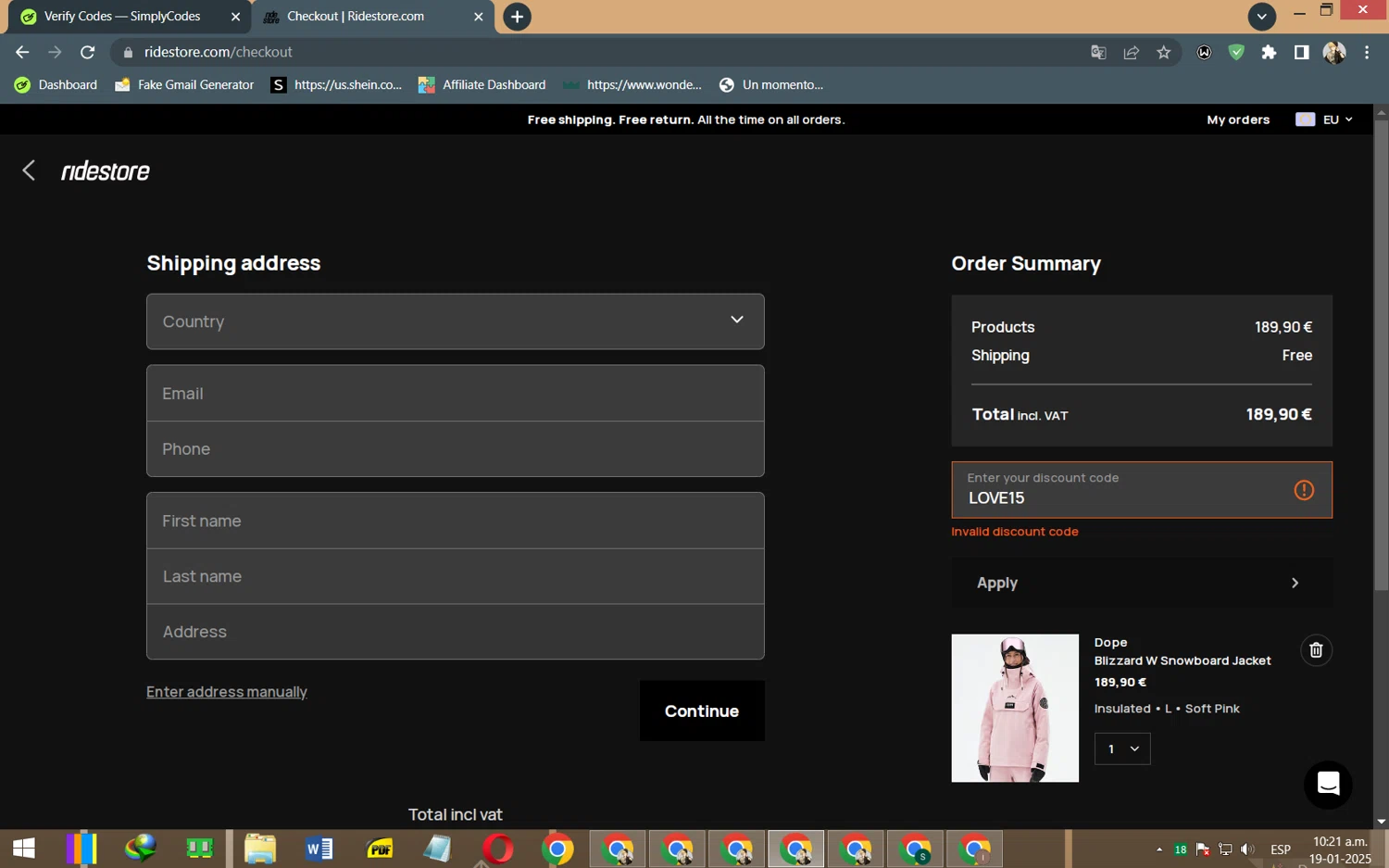 RideStore discount code screenshot showing code LOVE15 applied at RideStore checkout page. Uploaded by SimplyCodes community member SaleSaver3540 on Jan 19, 2025