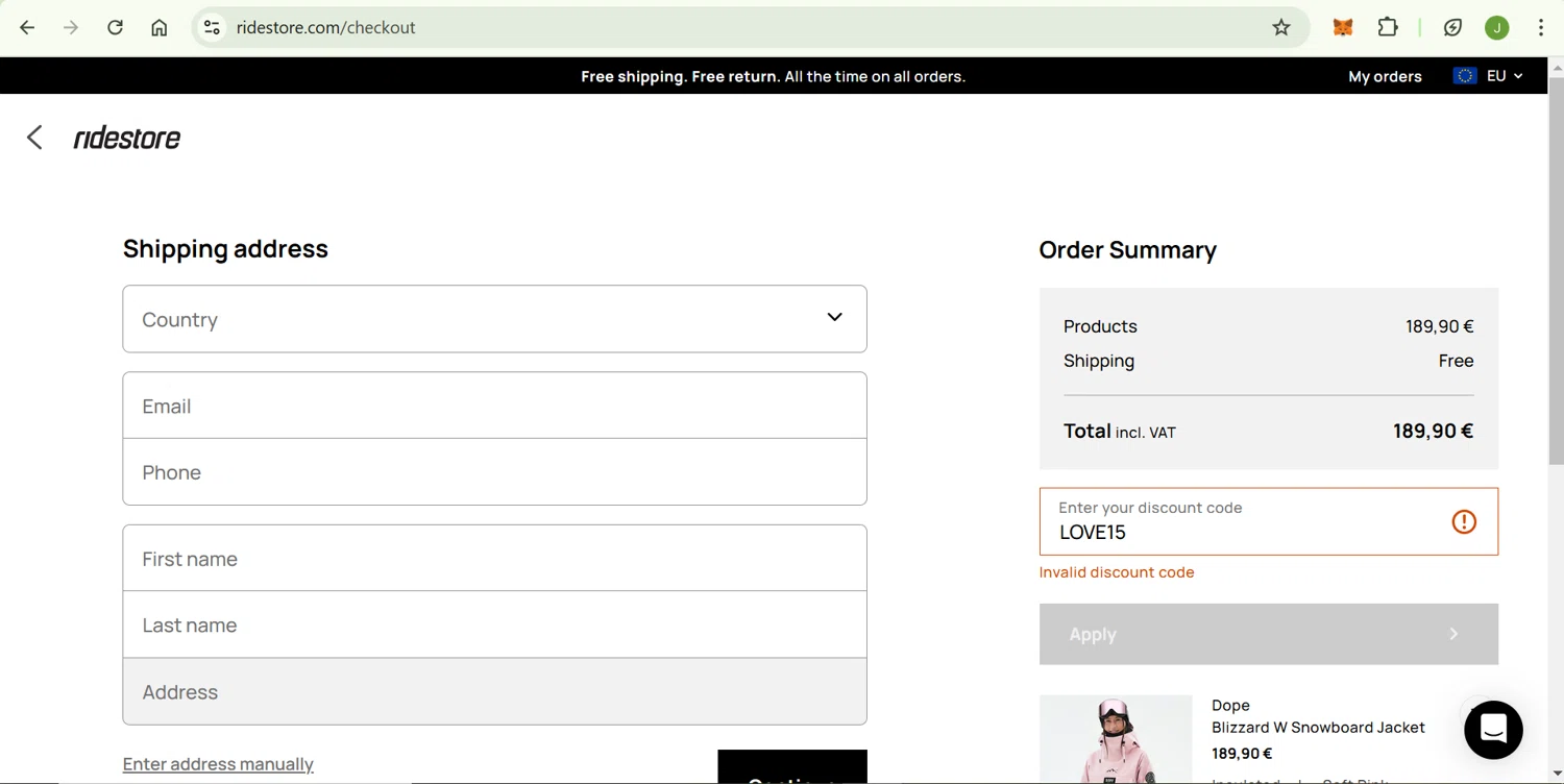 RideStore discount code screenshot showing code LOVE15 applied at RideStore checkout page. Uploaded by SimplyCodes community member ShrewdChaser7973 on Jan 19, 2025