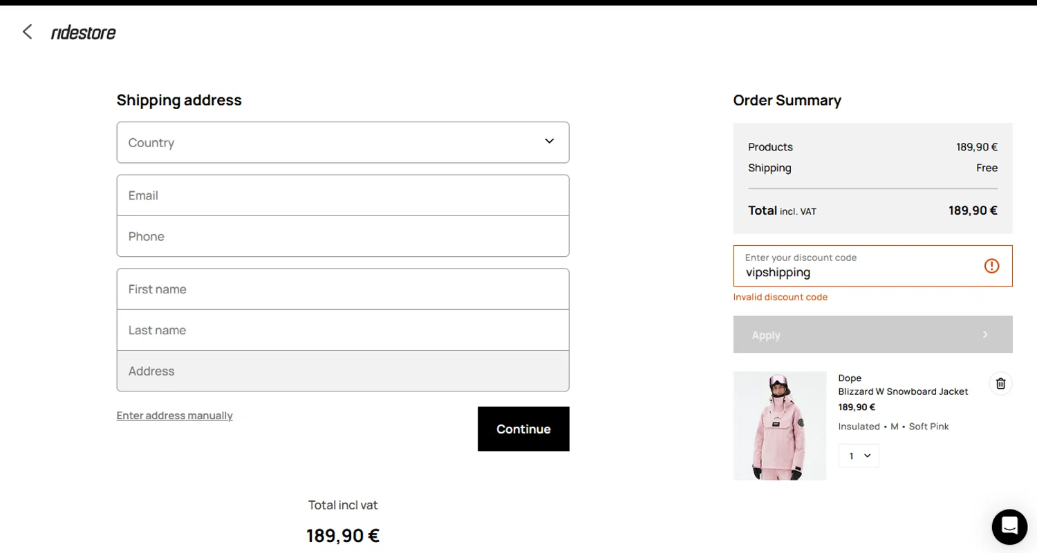 RideStore discount code screenshot showing code vipshipping applied at RideStore checkout page. Uploaded by SimplyCodes community member CouponHero3179 on Jan 15, 2025