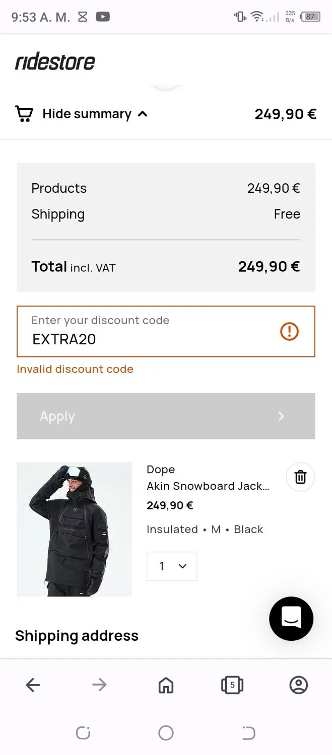 RideStore discount code screenshot showing code EXTRA20 applied at RideStore checkout page. Uploaded by SimplyCodes community member VoucherFalcon3942 on Jan 26, 2025