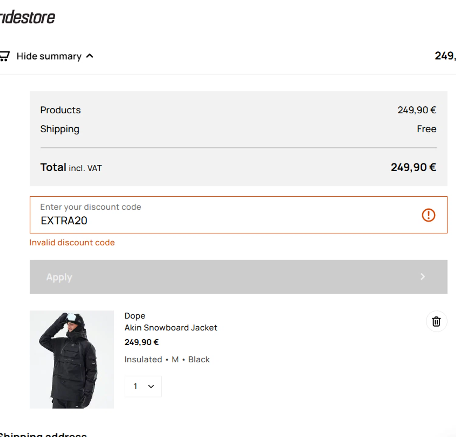RideStore discount code screenshot showing code EXTRA20 applied at RideStore checkout page. Uploaded by SimplyCodes community member lukeCallahannn on Feb 2, 2025