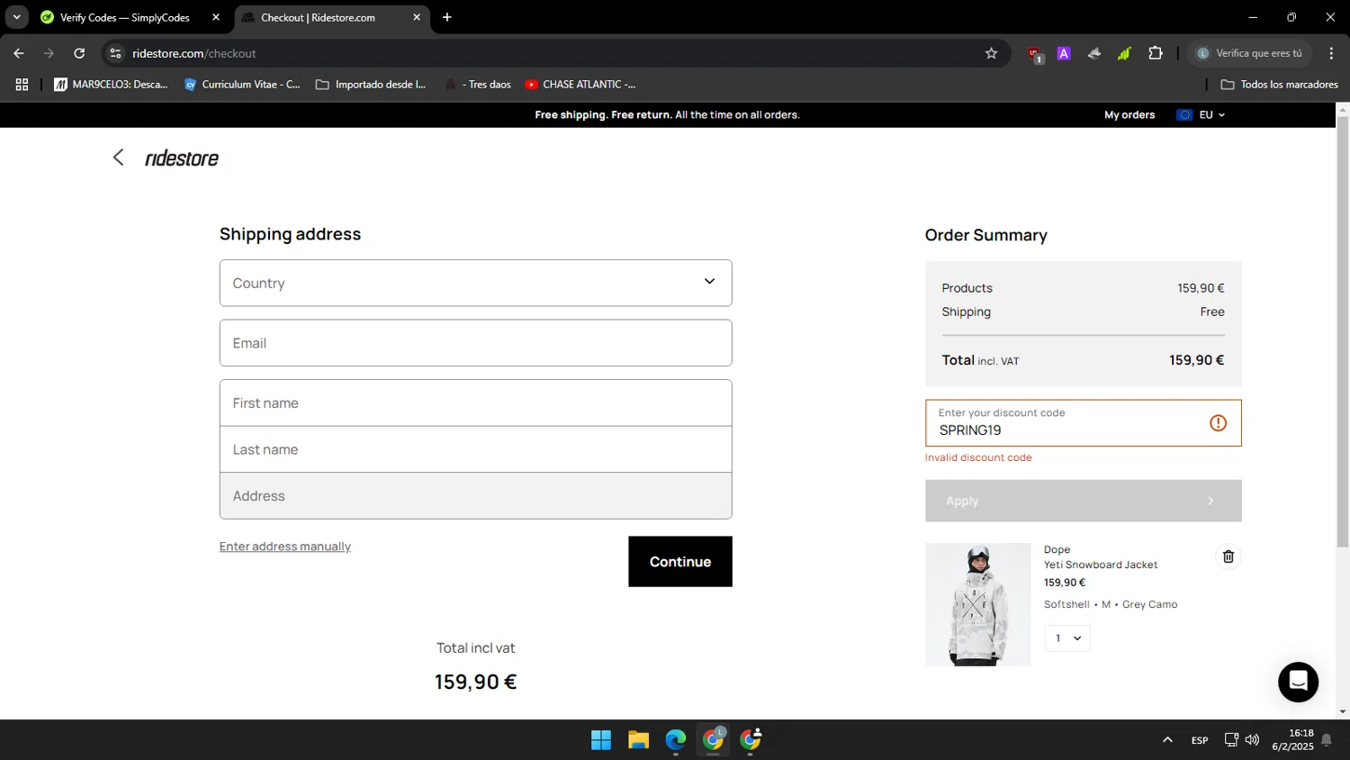 RideStore discount code screenshot showing code SPRING19 applied at RideStore checkout page. Uploaded by SimplyCodes community member yasabesssss on Feb 6, 2025