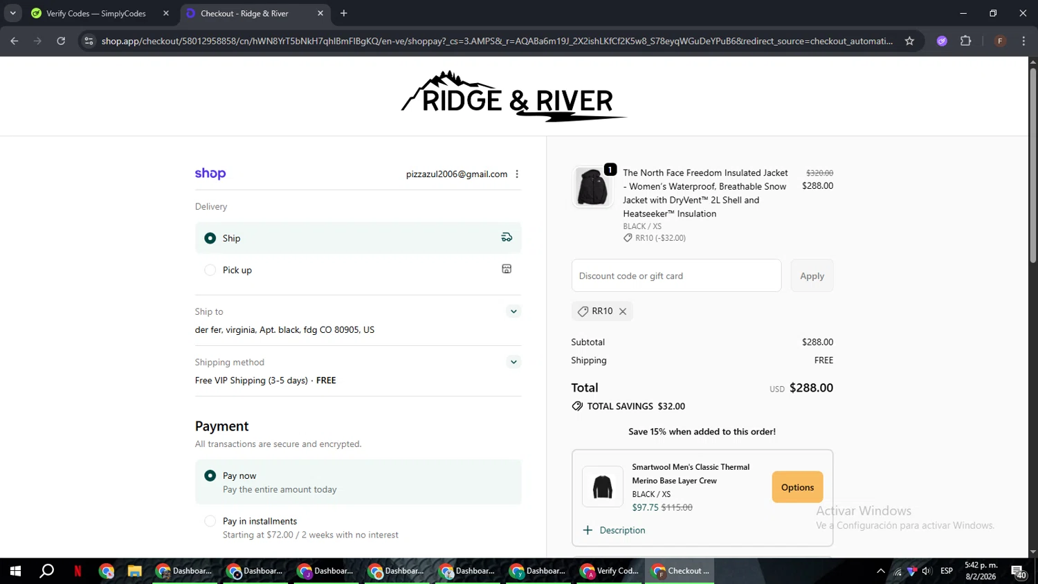 Ridge & River checkout page showing Ridge & River discount code box | Screenshot taken by SimplyCodes community member on Feb 8, 2026