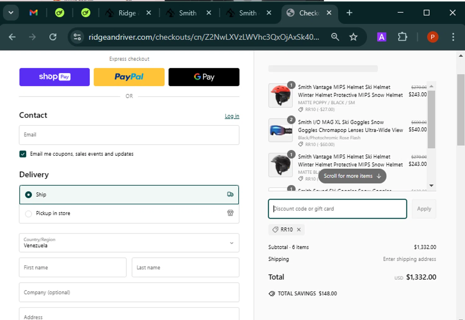 Ridge & River discount code screenshot showing code RR10 applied at Ridge & River checkout page. Uploaded by SimplyCodes community member Isabelle_adjanichamber on Feb 27, 2025